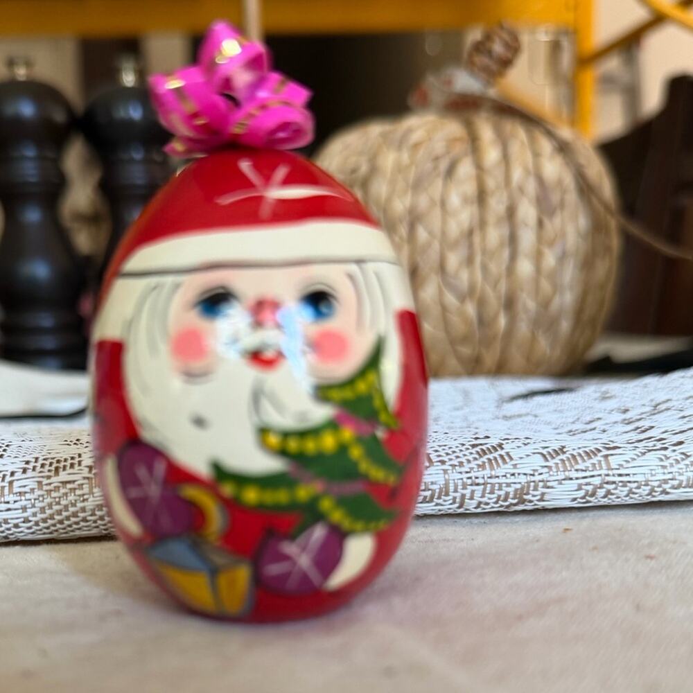 Festive Red wood egg shaped handpainted Santa christmas decor